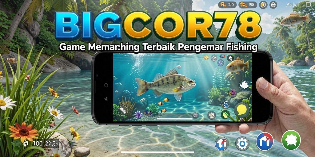 Tampilan gameplay BIGCOR78 saat menangkap ikan dengan alat pancing.