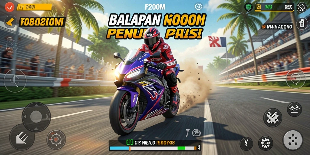 Screenshot gameplay F200M yang menampilkan aksi balapan motor