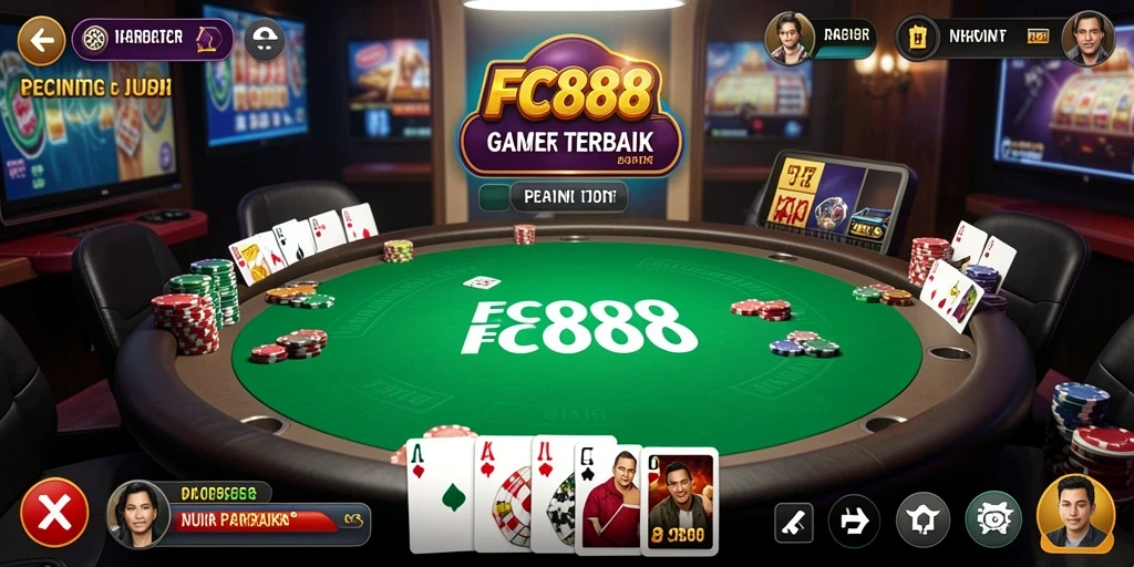 Tampilan gameplay FC888 menampilkan aksi seru permainan Poker yang mendebarkan.