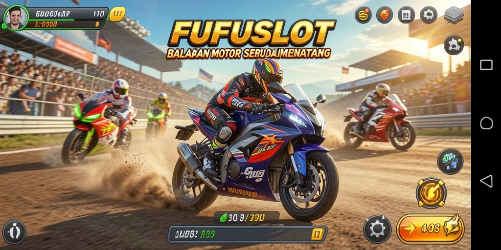 Screenshot gameplay FUFUSLOT menampilkan balapan motor yang intens dan grafis menakjubkan.