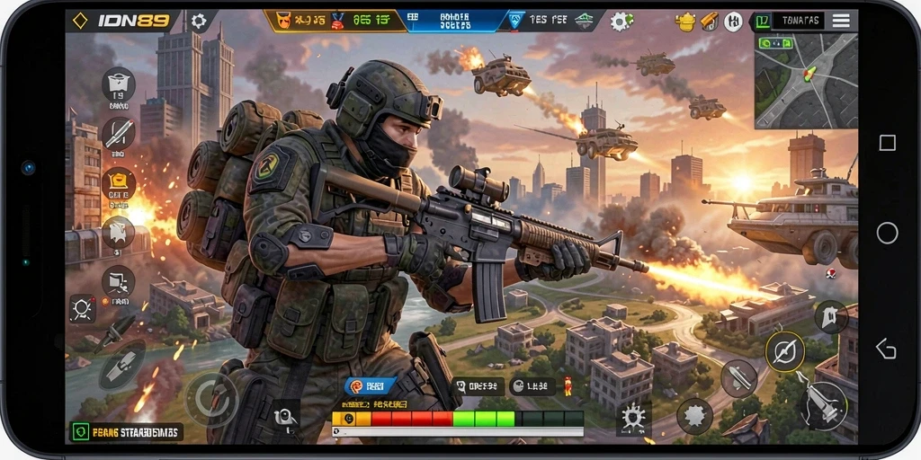 Tampilan gameplay menegangkan dari IDN89 di arena tempur FPS.