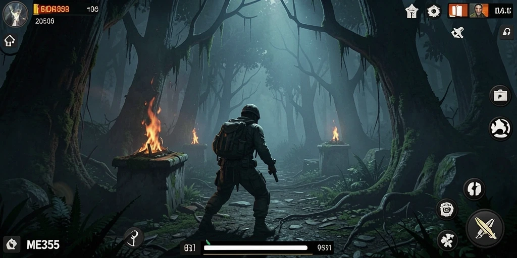 Gameplay menyeramkan dengan momen-momen mendebarkan di hutan gelap.