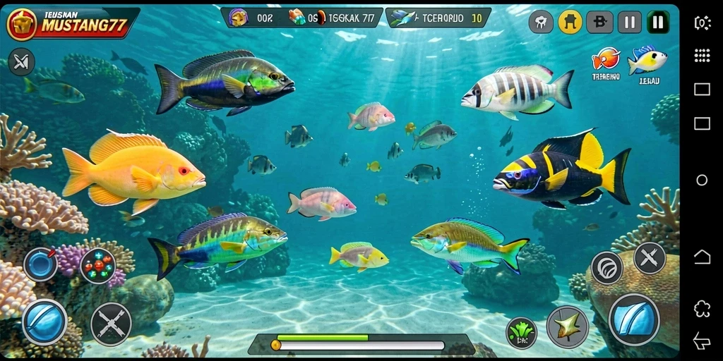 Screenshot gameplay <strong>MUSTANG77</strong> yang menampilkan aksi seru Tembak Ikan.