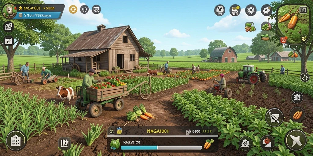 Screenshot gameplay NAGA1001 yang menampilkan ladang yang produktif.