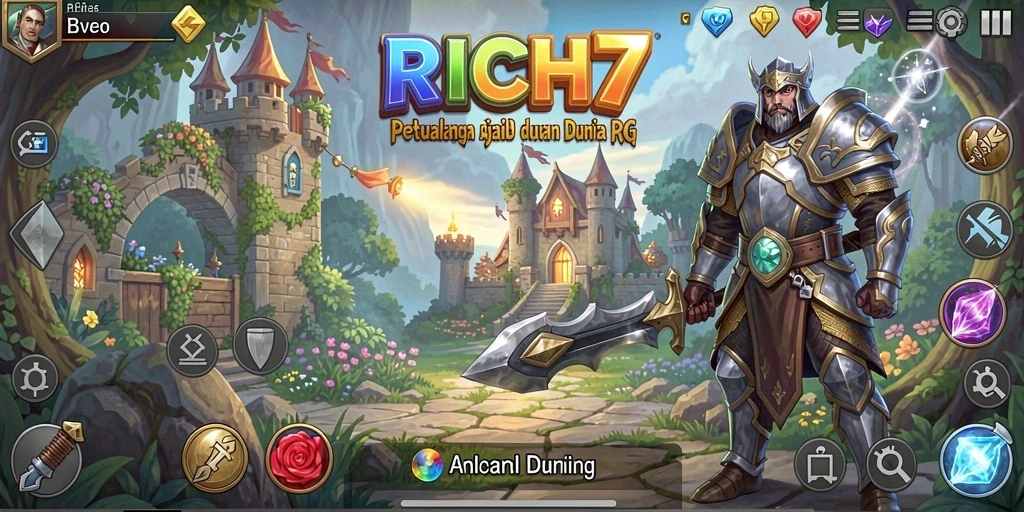 Screenshot utama RICH7 menampilkan karakter yang sedang bertarung di dunia RPG.