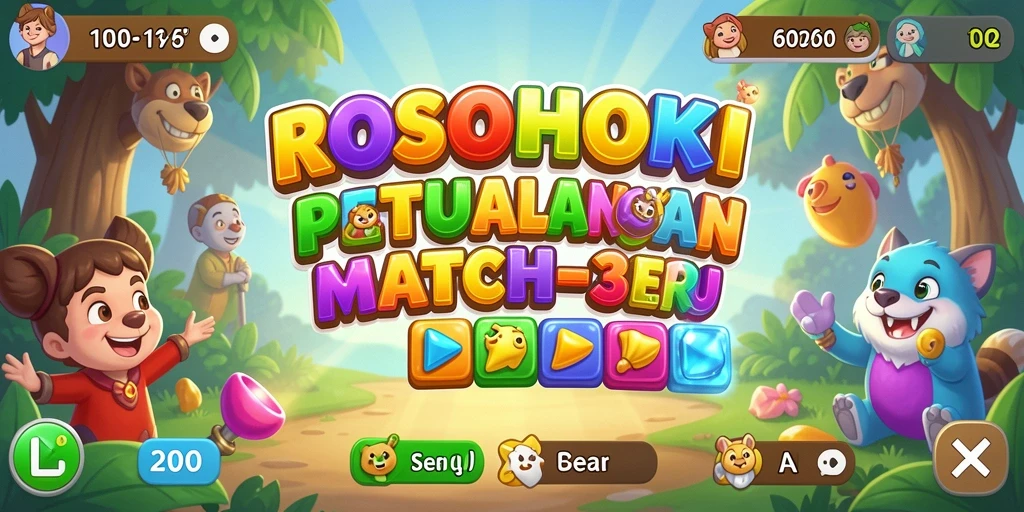 Tampilan gameplay seru ROSOHOKI dengan permata berwarna-warni.