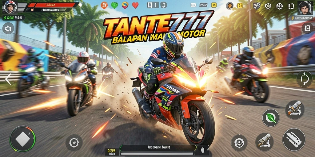 Tangkapan layar utama dari gameplay balapan motor yang mendebarkan.