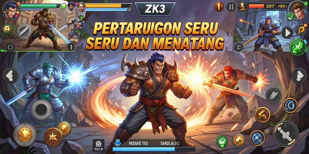 Tangkapan layar ZK3 menampilkan pertarungan epik antara karakter dalam arena pertarungan.